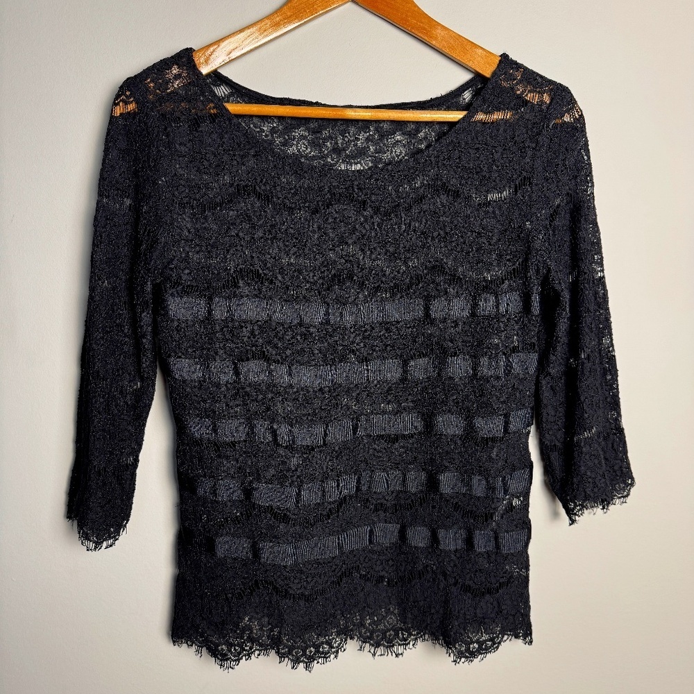 Philosophy Blues Original Lace Ribbon Blouse Womens Size 6 Black Gothic Romantic